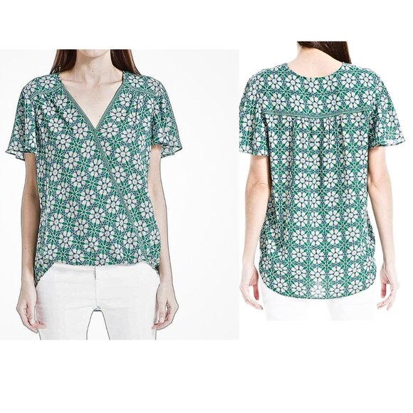 MAX STUDIO Flutter Sleeve Wrap Blouse Blue Turquoise Mandala Print V Neck Sz M - Picture 12 of 12
